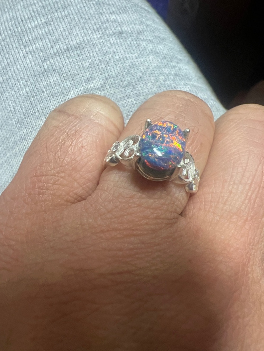 Sterling Silver Aus Black Opal Oval Statement Ring - Vibrant Multicolor Fire